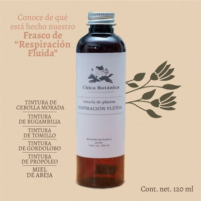 Jarabe RESPIRACIÓN FLUIDA. Tintura de Cebolla Morada, Bugambilia, Tomillo, Gordolobo, Propóleo, Miel de Abeja. Vías Respiratorias. Remedio Herbolario